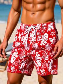 Manfinity RSRT Quần short nam in họa tiết toàn thân, túi xéo, cạp chun, kiểu dáng thường ngày, thích hợp đi biển, đi nghỉ mát, quần bơi nam đồng bộ, đồ bơi nam, quần áo đi biển cho nam, quần short bơi nam, quần bơi nam kiểu Hawaii, quần short Hawaii cho nam, quần short nam màu đỏ, quần bơi nam đi nghỉ mát. - Đỏ - Xem 4