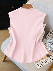 GlowEve CURVE Plus Size Elegant Commuter Solid V-Neck Fringe Trim Vest Jacket Cotton Women Clothing Women Vest Women Summer 2 Pieces Sets Vest And Pants Set - Pink - View 2