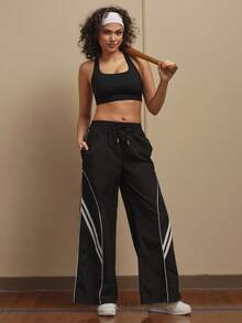 Cheerettes 女士抽绳腰带条纹口袋阔腿宽松休闲运动裤 - 黑與白 - 查看 7