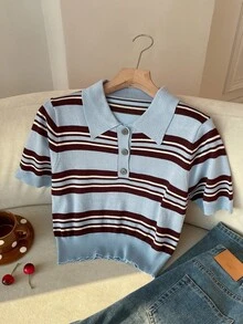 SHEIN EZwear Bộ 2 áo polo tay ngắn dệt kim kẻ sọc mới cho nữ mùa xuân/hè, thương hiệu thời trang sinh viên, họa tiết kẻ sọc nhiều màu, áo dệt kim thường ngày đa năng. - Nhiều màu - Xem 5