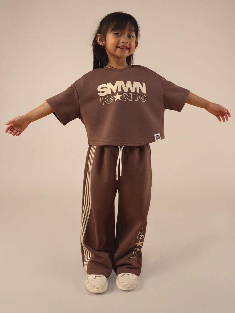 Brown Oversized T-Shirt And Jogger Set With Text Print