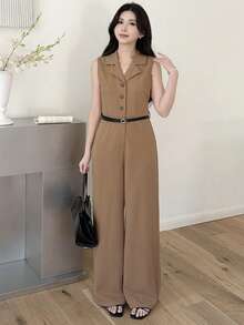 SHEIN Teen Girls' Khaki Lapel Collar Loose Wide Leg Jumpsuit, Waist Cinched, Minimalist Chic Fashion, Spring/Summer - Khaki - View 5