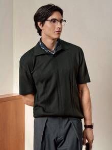 RONVEXI Men's Solid Color Polo Collar Short Sleeve Casual Knit Top - Dark Green - View 6