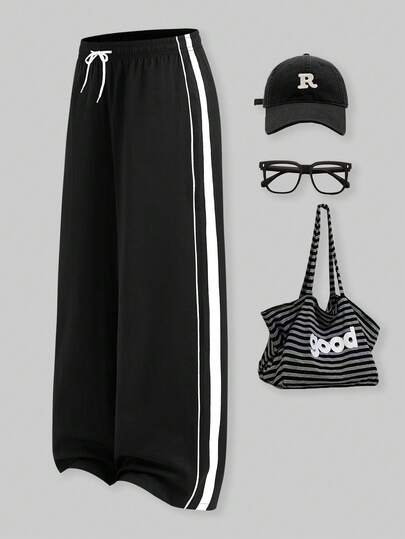 SHEIN Loose Casual Street Fashion Patchwork Flared Leg Design Pants For Teen Girls, Suitable For Daily Commute, Leisure, Vacation, Gathering With Friends, Street Photography