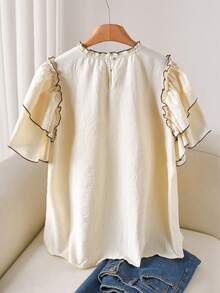 CosyJoli 大码女式夏季休闲宽松短袖上衣春季女式衬衫 - 杏色 - 查看 2