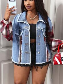 Slaydiva Áo khoác denim dáng rộng, phối nhiều mảnh, kẻ caro, cài cúc phía trước, rách tua rua, cỡ lớn. - Nhiều màu - Xem 6
