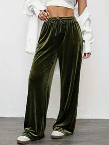 SHEIN EZwear 女士复古休闲黑色丝绒宽松阔腿裤，秋冬款 - 軍綠色 - 查看 6