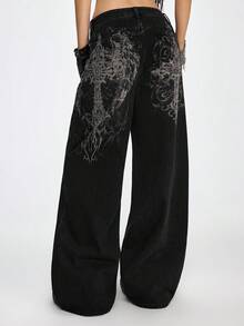 ROMWE Grunge Punk 女士休闲时尚街头十字翅膀印花低腰宽松阔腿牛仔裤 - 黑色 - 查看 1
