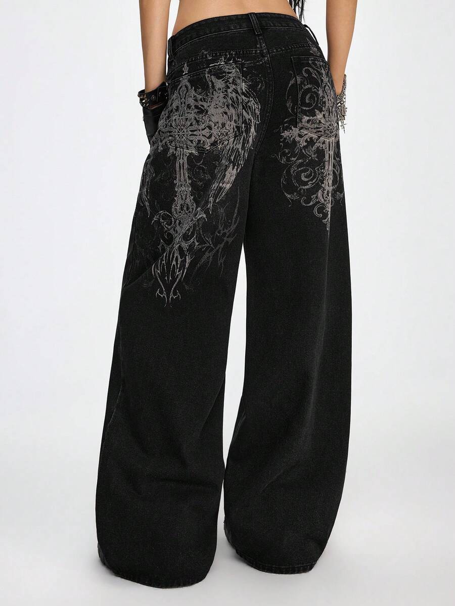 ROMWE Grunge Punk 女士休闲时尚街头十字翅膀印花低腰宽松阔腿牛仔裤 - 黑色 - 查看 1