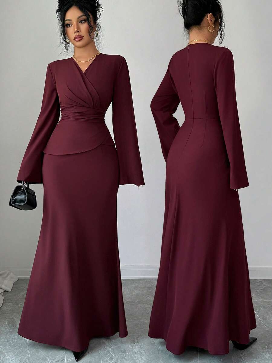 SHEIN Elenzya Women's Elegant Long Red Dress, New Year Dress, New Year Outfit, Thanksgiving Outfit, Elegant Party Dress, Long Party Dress, Wedding Guest Dress, Fashion Wedding Evening Gown - Burgundy - View 1