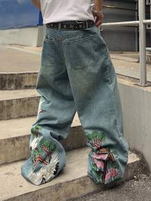 ROMWE MEN Jeans anchos y sueltos con bordado de animales para hombres - Azul - Ver 2