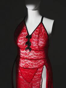 SHEIN 2pcs Plus Size Lace Wireless Sexy Lingerie Set, Valentine's Day - Red - View 3