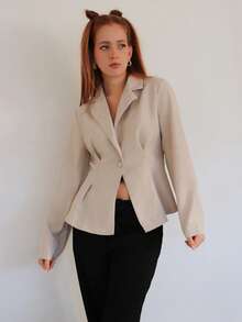 SILVIA DI SANTO 女士休闲亚麻收腰长袖翻领薄款西装外套，杏色，秋冬 - 杏色 - 查看 5