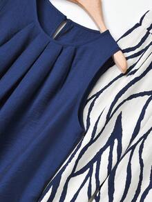 Rusticease 两件套女士休闲纯色褶皱吊带背心和斑马纹阔腿裤套装 - 藏蓝色 - 查看 4