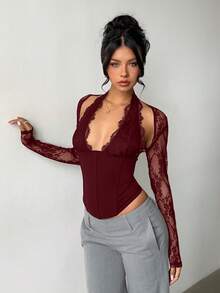 Aloruh 女款新款浪漫優雅迷人性感蕾絲拼接修身鏤空長袖上衣，適合約會、派對、外出 - 酒紅色 - 查看 5
