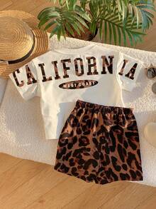 SHEIN 2pcs/Set Unisex Baby Leopard Print Black Short Sleeve T-Shirt Knit Top And Leopard Print Shorts Set, Spring/Summer Baby Boy Clothes, Outfits, Baby Boy Short Sleeve Top - Black - View 5