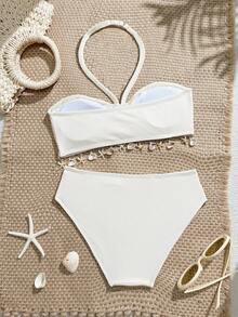 SHEIN 少女比基尼套装，可爱针织罗纹面料露背吊带短款上衣泳装套装，时尚优雅的欧美风格，适合度假、游泳、海滩、夏季穿着。 - 杏色 - 查看 2