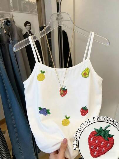 Resyla 女士休闲水果刺绣修身短款吊带背心，夏季