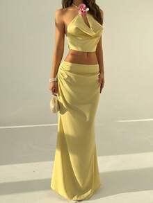 RiviMae Women's Floral Decor Draped Neck Top And Skirt Set, Suitable For Daily Wear, Weddings, Banquets, Commuting, Graduation Parties, Holidays, Vacations And Other Occasions - Yellow - View 6