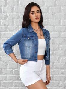 Flexra 女士休闲水洗短款牛仔外套 - 藍色 - 查看 5