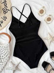 SHEIN Teen Girls' Black Floral Cutout One-Piece Swimsuit, Snug Fit, Sleeveless, Sweet Beach Vacation Surfing - Black - View 2