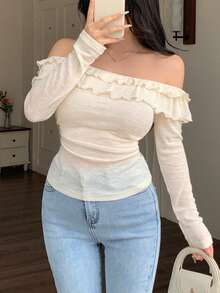 Modelyn Off-Shoulder Frill Trim Long Sleeve Fitted Blouse For Women - Apricot - View 3