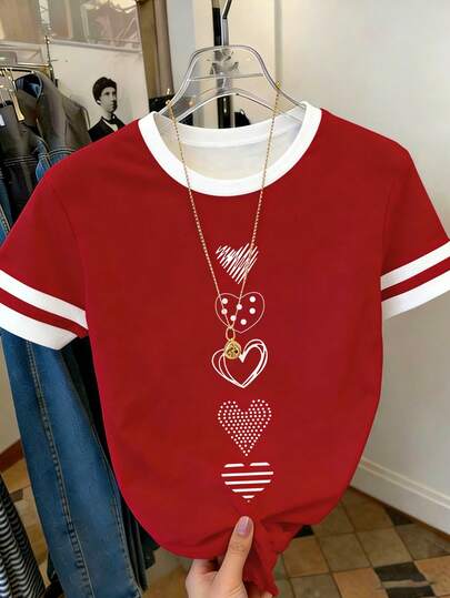SHEIN Camiseta de mujer con cuello redondo, estampado de corazón a rayas de color block, para uso casual diario