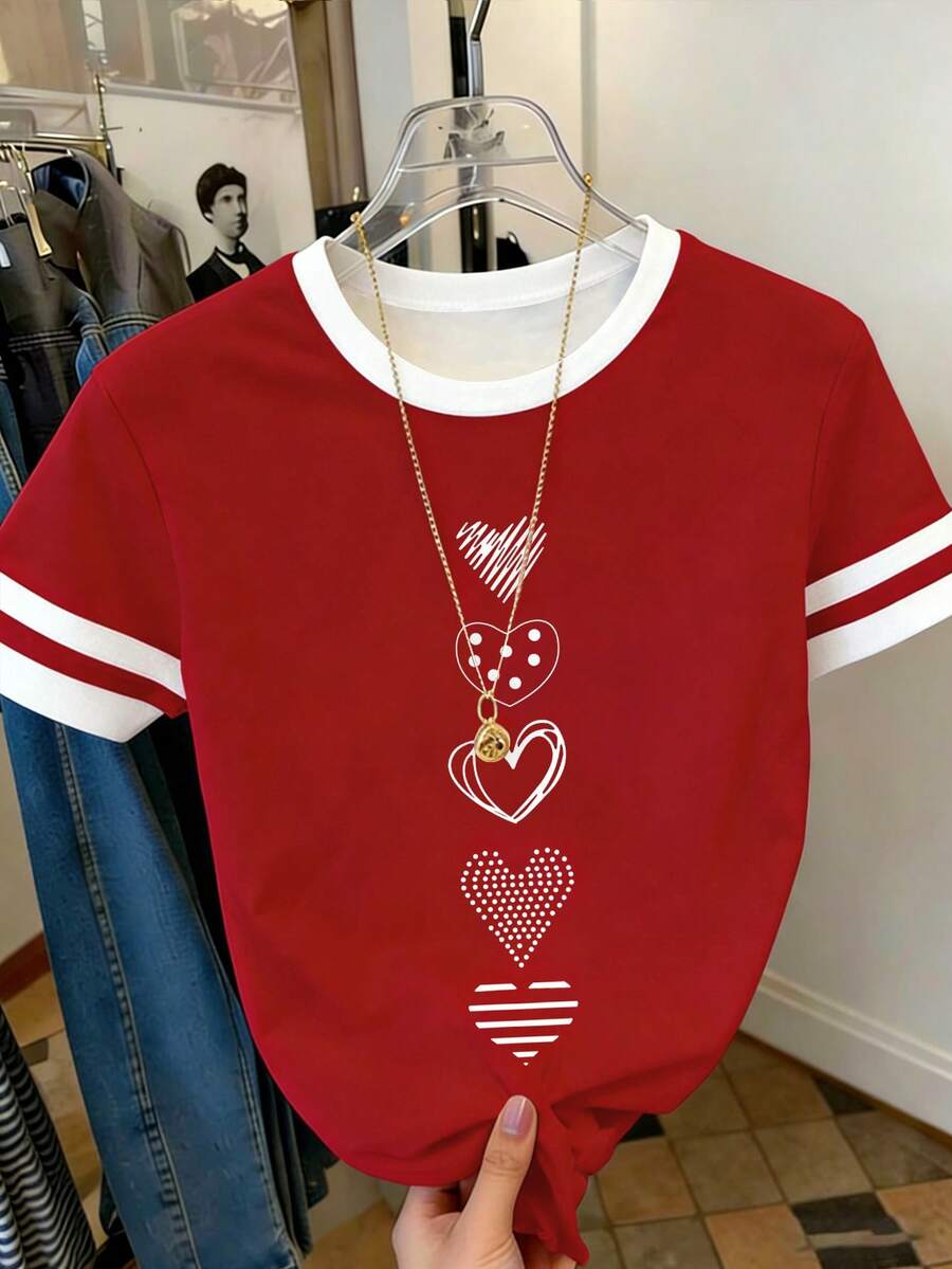 SHEIN 女士撞色条纹爱心图案圆领T恤，休闲日常穿着 - 紅色 - 查看 1