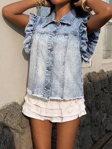 Sunnyshic Women's Single-Breasted Frayed Hem Ruffle Cuff Denim Jacket - Light Wash - View 9