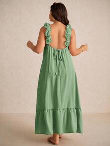 Elaquor Đầm chữ A dáng rộng, ren hoa, dây đeo, cỡ lớn, kiểu dáng thường ngày. - màu xanh lá - Xem 1