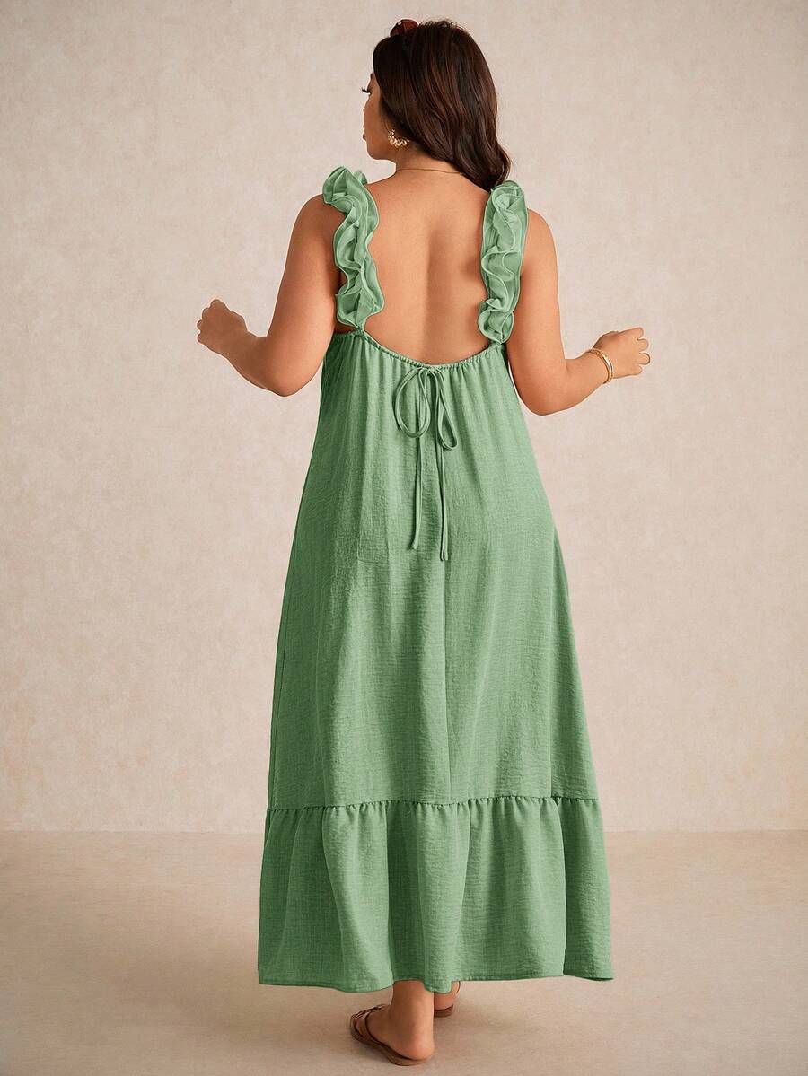 Elaquor Đầm chữ A dáng rộng, ren hoa, dây đeo, cỡ lớn, kiểu dáng thường ngày. - màu xanh lá - Xem 1