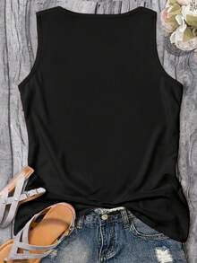 SHEIN LUNE Áo tank top không tay in chữ và hình cây cọ dành cho nữ cỡ lớn, thích hợp cho mùa hè. - màu đen - Xem 2