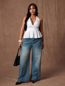 Rustia Plus Size Women's Solid Color Deep V-Neck Ruffle Hem Casual/Work Sleeveless Top - Beige - View 6