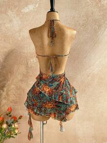 Soleia Women's Vacation Casual Paisley Print Ruffle Trim Backless Halter Mini Dress - Multicolor - View 2