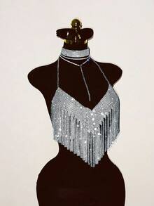 EgrlEra Women's Metal Spaghetti Strap Necklace, Fringed And Shiny, Suitable For Music Festival And Party Outfits - Silver - View 4