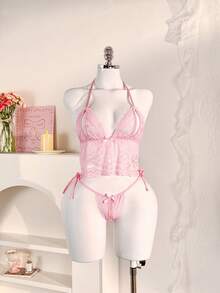 PetitDoll 2pcs/Set Women's Lace Halter Sexy Lingerie Set, Valentine's Day