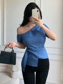 Celisse Elegant Tie Knot Shoulder Casual Slim Fit Blouse For Women - Blue - View 3