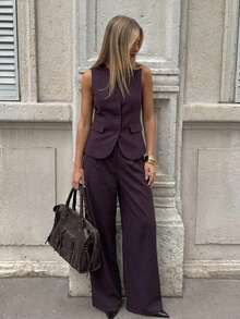 Aloruh Bộ vest và quần màu tím đậm dành cho nữ, trang phục công sở 2 mảnh màu trơn. - Màu đỏ tím - Xem 3