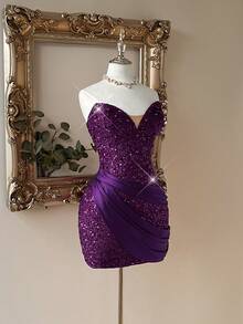 Lovelzi 优雅浪漫的时尚紫色亮片缎面拼接无肩带连衣裙，适合音乐节、生日派对、婚礼、下午茶聚会、鸡尾酒会等场合。 - 紫色 - 查看 3