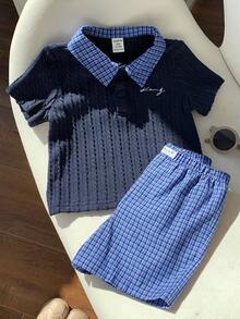 SHEIN 2pcs Newborn Baby Boy Summer Cute Preppy Style Navy Short Sleeve Polo Shirt And Elastic Waist Plaid Shorts Set, Suitable For Birthday Party, Rave, Evening Party, Performance, Wedding, One Month Celebration, Baptism And First Birthday Boys Vacation Outfit Sets Baby Boy Shirt And Short Set Boy Summer Sets - Multicolor - View 7