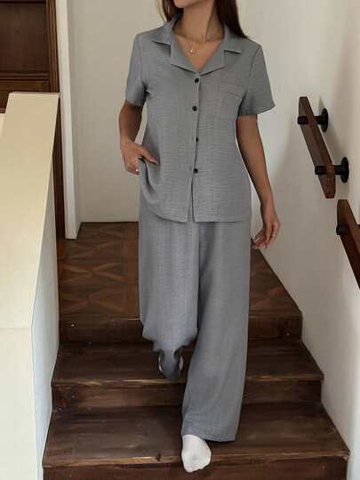 SHEIN 女士休闲纯色纹理面料长袖睡衣套装