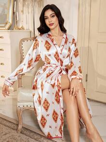 LuxeNights 奢华系带仿丝绸女士睡袍 - 白色 - 查看 1