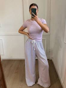 DAZY Women's Casual Slim Fit Top And Loose Pajama Pants Sleepwear Set - Purple - View 5