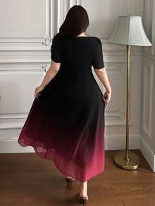 Dazy Plus Plus Size Elegant Gradient Color Design Bodycon Square Neck Short Sleeve Midi Dress, Suitable For Party And Commute, Spring/Summer Sundress - Black - View 7