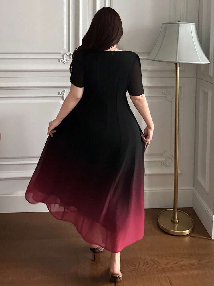 Dazy Plus Plus Size Elegant Gradient Color Design Bodycon Square Neck Short Sleeve Midi Dress, Suitable For Party And Commute, Spring/Summer Sundress