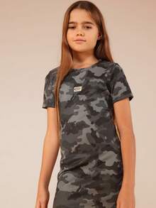 SUMWON 青少年迷彩短袖T恤连衣裙，圆领，常规版型，迷你裙长，休闲针织面料，度假风 - 軍綠色 - 查看 3