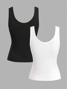 2pcs/Set Teen Girls' Black & White V-Neck Sleeveless Ruched Waist Fitted Knit Camisole Tops, Buy 1 Get 1 Free - Black and White - View 2