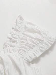 Girlism Tween Girls' White Textured Ruched Waist A-Line Ruffle Hem Short Vacation Dress, Spring/Summer - White - View 7