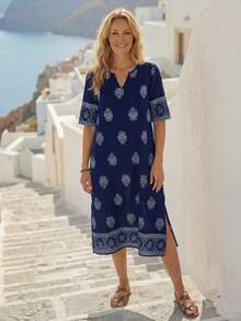 EMERY ROSE 女士花卉印花 V 领短袖中长连衣裙 - 彩色 - 查看 4