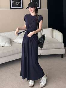 Livesso Women's Short Sleeve Cotton Round Neck Cinched Waist Midi Dress - Navy Blue - View 1